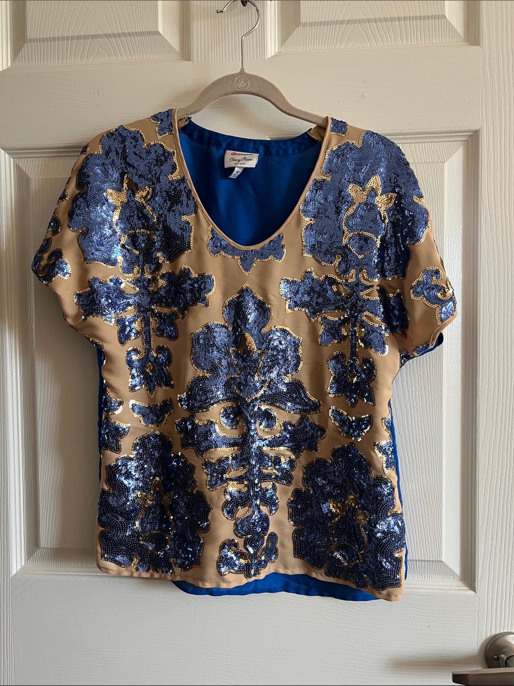 Sequin Embroidered V-Neck Blouse in Blue and Tan